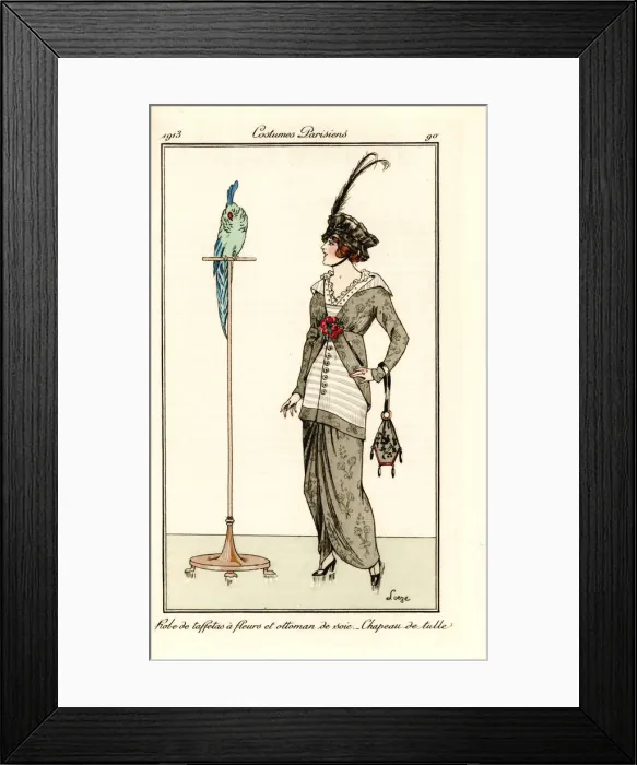 Framed Print : Woman in floral taffeta dress, silk ottoman, and tulle hat Framed Print : Woman in floral taffeta dress, silk ottoman, and tulle hat