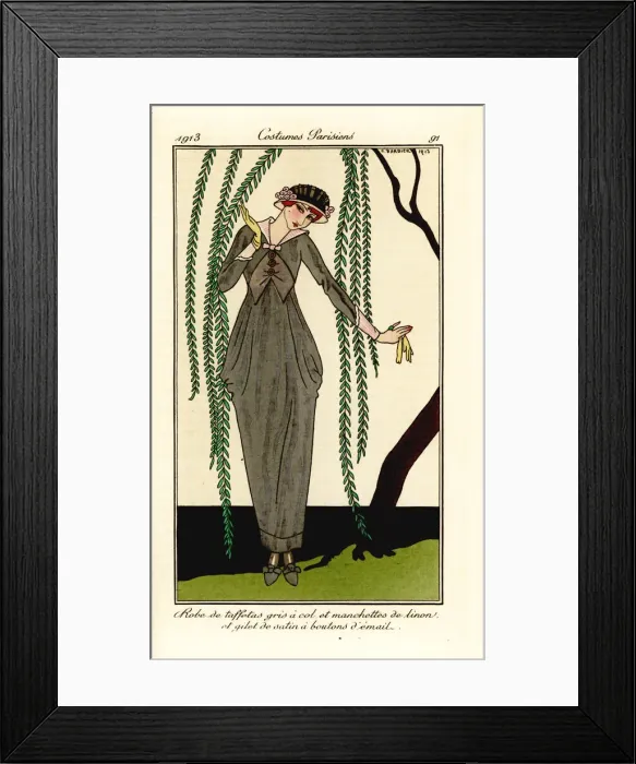 Framed Print : Woman in grey taffeta dress with linen collar Framed Print : Woman in grey taffeta dress with linen collar