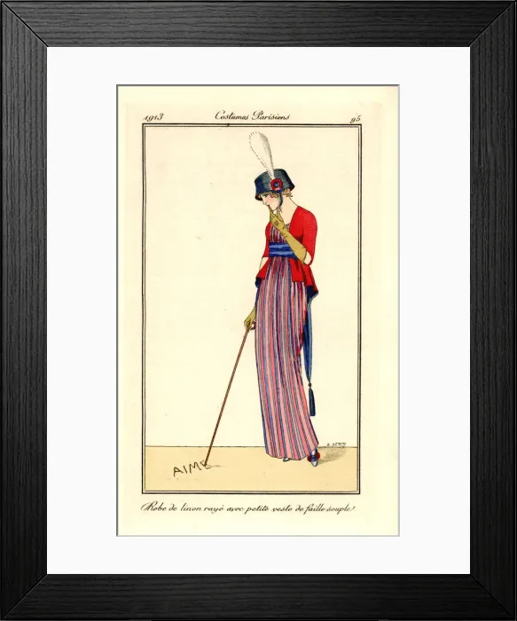 Framed Print : Woman in striped linen dress and vest in soft ribbed silk Framed Print : Woman in striped linen dress and vest in soft ribbed silk