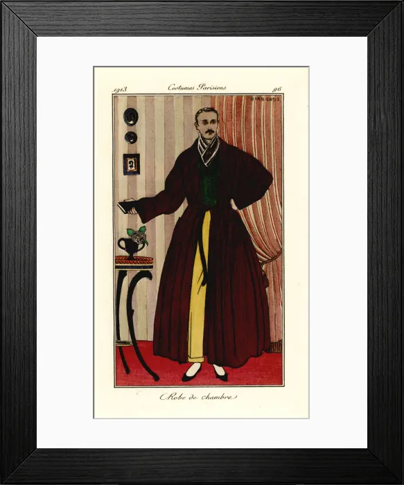 Framed Print : Man in dressing gown over yellow trousers and green Framed Print : Man in dressing gown over yellow trousers and green