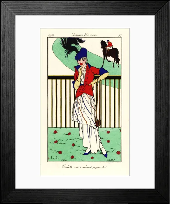 Framed Print : Woman in outfit for the racetrack in winning colours, 1913 Framed Print : Woman in outfit for the racetrack in winning colours, 1913