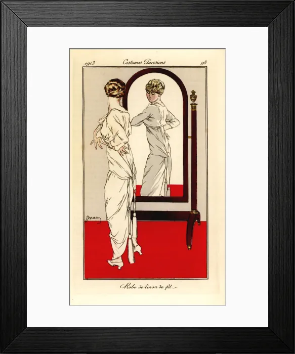 Framed Print : Woman in linen dress looking at herself in the mirror Framed Print : Woman in linen dress looking at herself in the mirror