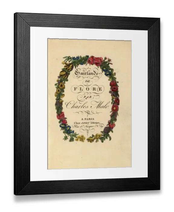 Framed Print : Calligraphic title page within a floral wreath Framed Print : Calligraphic title page within a floral wreath