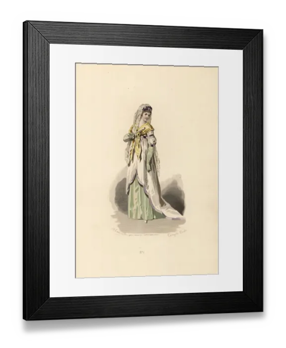 Framed Print : Woman in white tunic dress trimmed with lilac velvet Framed Print : Woman in white tunic dress trimmed with lilac velvet
