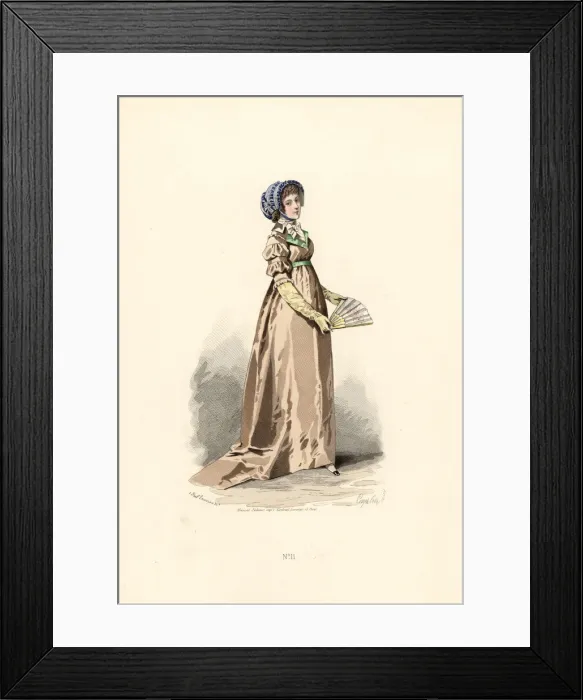 Framed Print : Woman in hazelnut-colour dress, fichu-chemise and blue hat Framed Print : Woman in hazelnut-colour dress, fichu-chemise and blue hat