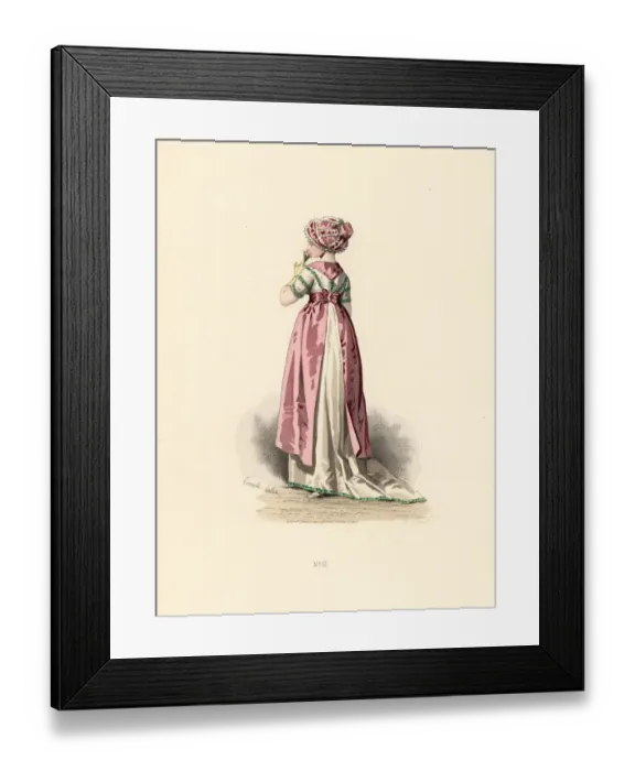Framed Print : Woman in white dress and corsage with green trim, pink apron Framed Print : Woman in white dress and corsage with green trim, pink apron