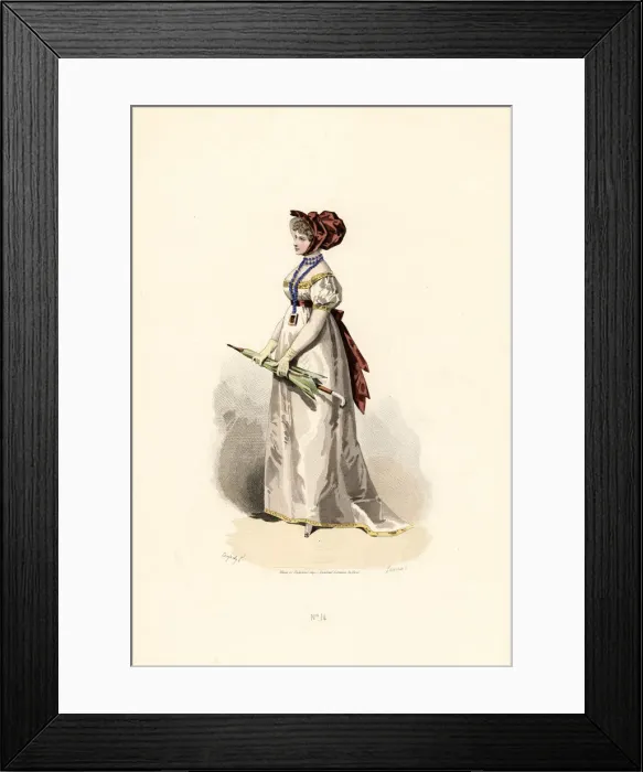 Framed Print : Woman in white dress with straw-coloured trim Framed Print : Woman in white dress with straw-coloured trim