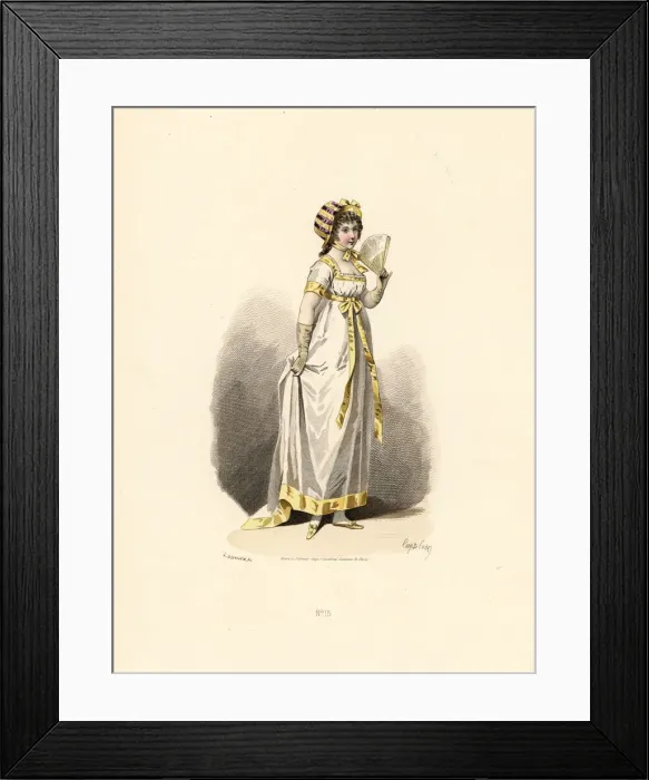 Framed Print : Woman in white dress with yellow trim with fan Framed Print : Woman in white dress with yellow trim with fan