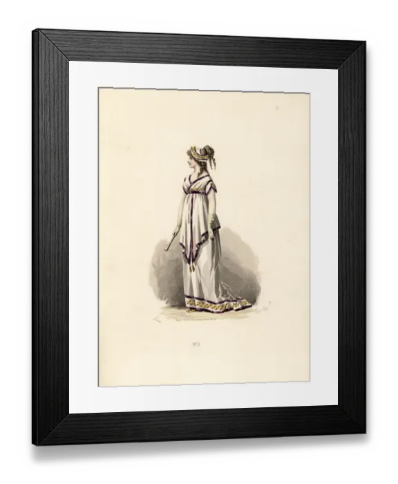Framed Print : Woman in white tunic dress trimmed with lilac velvet Framed Print : Woman in white tunic dress trimmed with lilac velvet