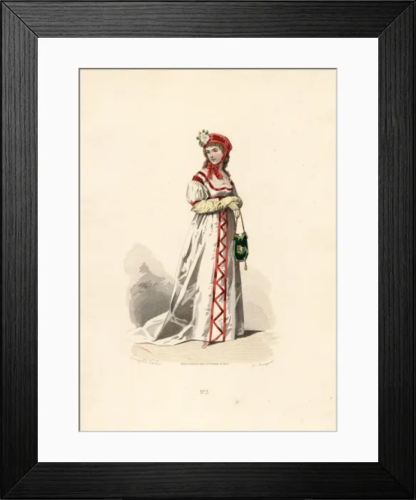 Framed Print : Woman in white dress with velvet design Framed Print : Woman in white dress with velvet design