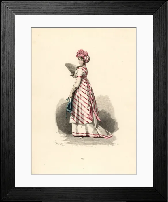 Framed Print : Woman in white dress with pink trim, striped apron Framed Print : Woman in white dress with pink trim, striped apron
