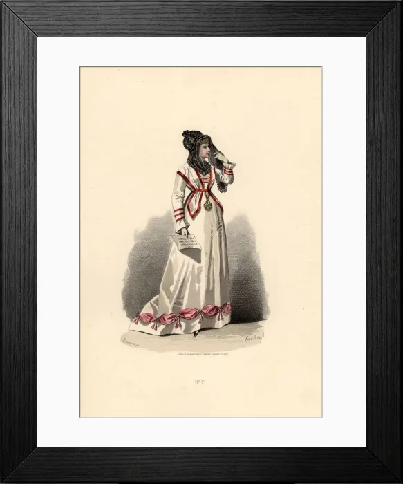 Framed Print : Woman in white dress ornamented with pink bouffants