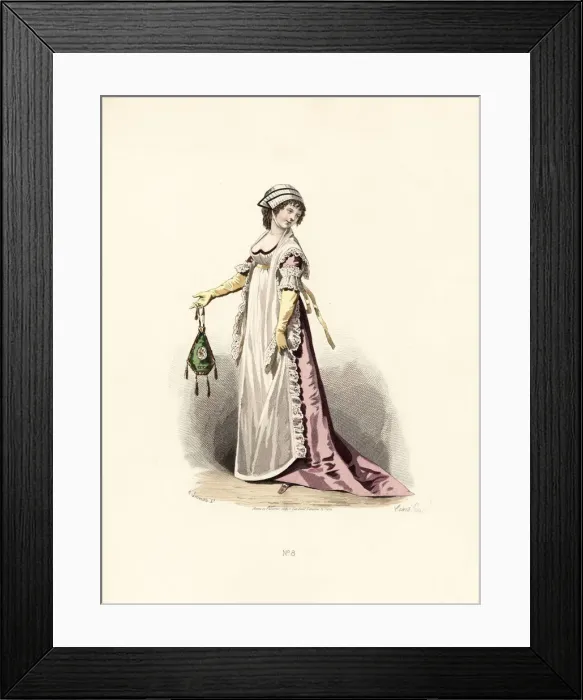 Framed Print : Woman in pansy-coloured dress, apron and shawl Framed Print : Woman in pansy-coloured dress, apron and shawl
