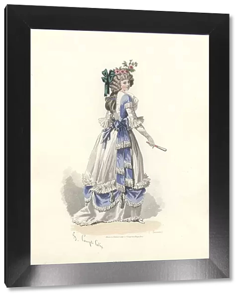 Woman in dress with ribbon frills, era of Marie Antoinette
