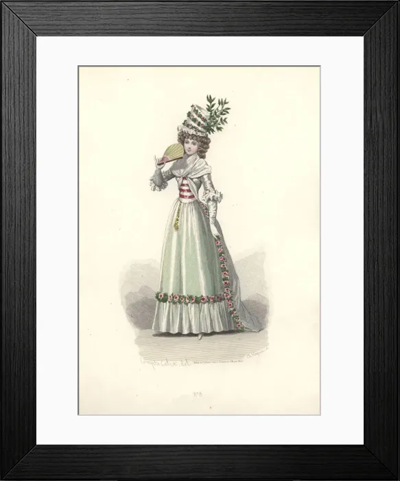 Framed Print : Woman in flower-trimmed outfit, era of Marie Antoinette Framed Print : Woman in flower-trimmed outfit, era of Marie Antoinette