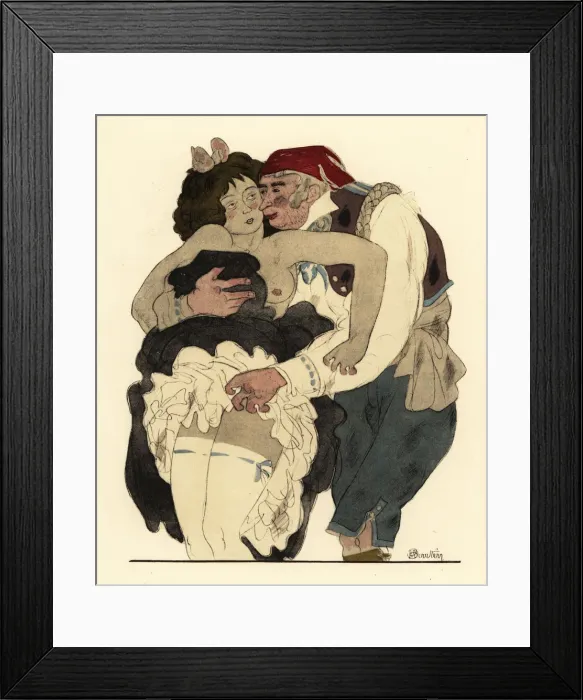 Framed Print : Maid in stockings and garters embraced by a man Framed Print : Maid in stockings and garters embraced by a man