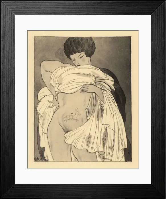 Framed Print : Woman lifting her dress to reveal a painting of an Framed Print : Woman lifting her dress to reveal a painting of an