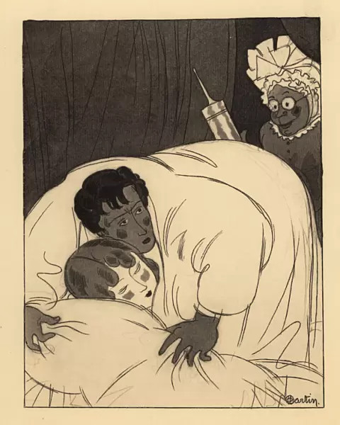 Nurse administering a large enema syringe to a man in bed