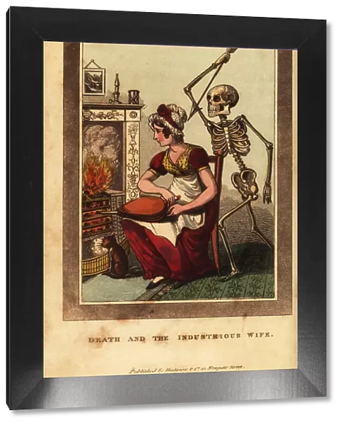 Skeleton of death aiming a dart at a woman tending a fire