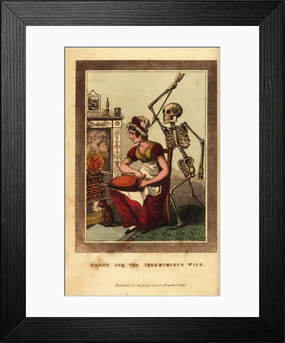 Framed Print : Skeleton of death aiming a dart at a woman tending a fire Framed Print : Skeleton of death aiming a dart at a woman tending a fire