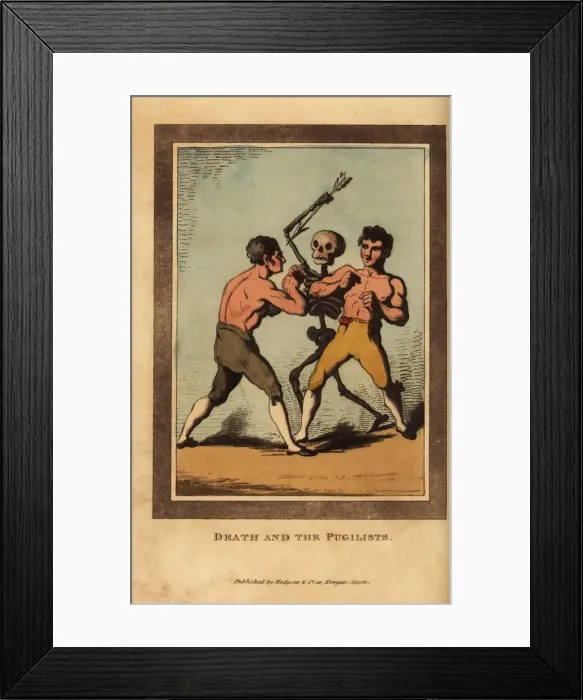 Framed Print : Skeleton of death aiming a dart at bareknuckle boxers Framed Print : Skeleton of death aiming a dart at bareknuckle boxers