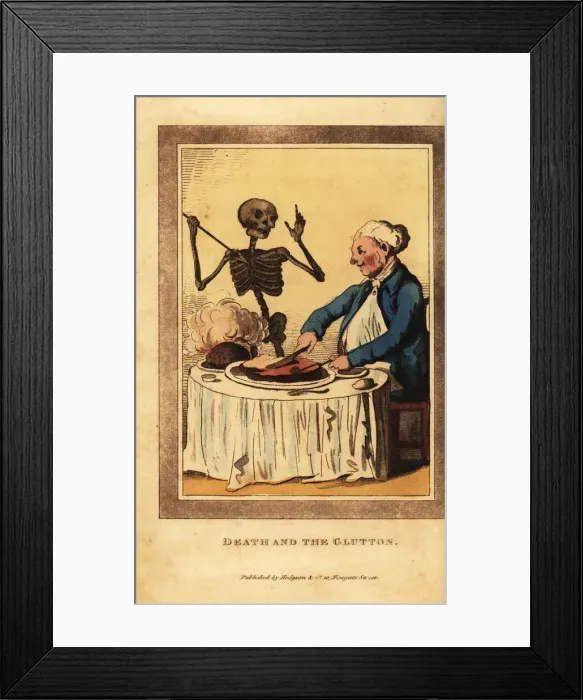 Framed Print : Skeleton of death aiming a dart at a corpulent man eating Framed Print : Skeleton of death aiming a dart at a corpulent man eating