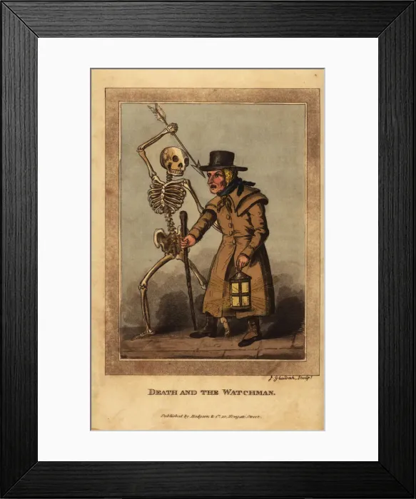 Framed Print : Skeleton of death aiming a dart at a nightwatchman Framed Print : Skeleton of death aiming a dart at a nightwatchman