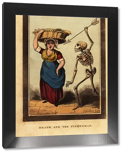 Skeleton of death aiming a dart at a Billingsgate fishwoman