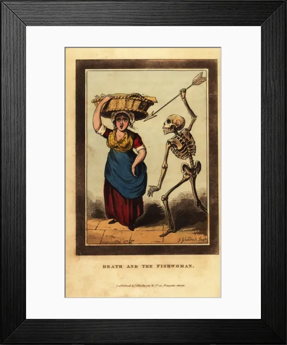 Framed Print : Skeleton of death aiming a dart at a Billingsgate fishwoman Framed Print : Skeleton of death aiming a dart at a Billingsgate fishwoman