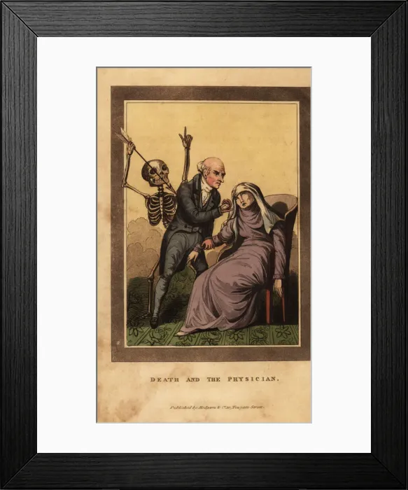 Framed Print : Skeleton of death aiming a dart at a doctor Framed Print : Skeleton of death aiming a dart at a doctor
