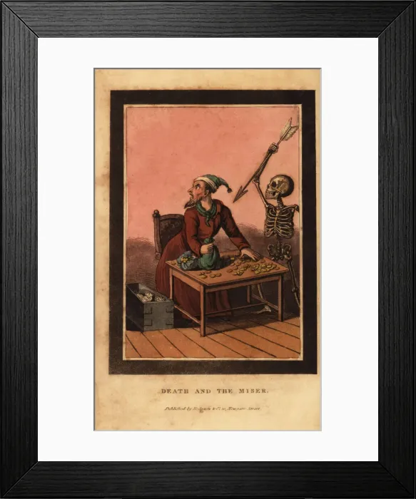 Framed Print : Skeleton of death aiming a dart at a miser Framed Print : Skeleton of death aiming a dart at a miser