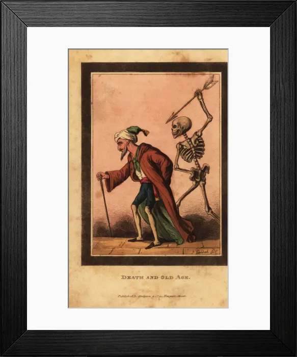 Framed Print : Skeleton of death aiming a dart at an old man on a street Framed Print : Skeleton of death aiming a dart at an old man on a street