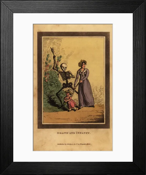 Framed Print : Skeleton of death aiming a dart at a child Framed Print : Skeleton of death aiming a dart at a child