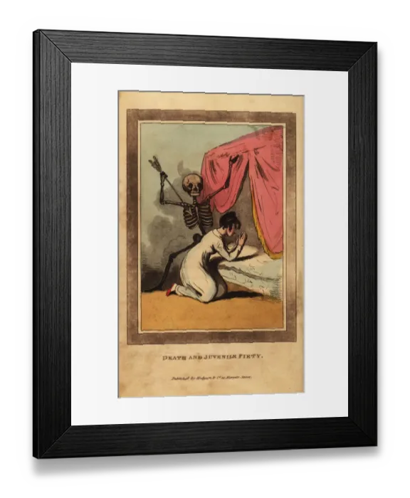 Framed Print : Skeleton of death aiming a dart at a young woman praying Framed Print : Skeleton of death aiming a dart at a young woman praying