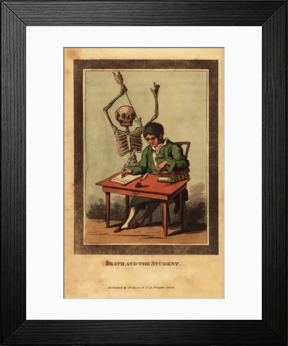 Framed Print : Skeleton of death aiming a dart at a young man at a desk Framed Print : Skeleton of death aiming a dart at a young man at a desk