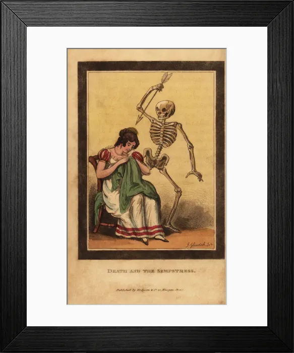 Framed Print : Skeleton of death aiming a dart at a woman sewing a garment Framed Print : Skeleton of death aiming a dart at a woman sewing a garment