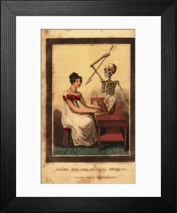 Framed Print : Skeleton of death aiming a dart at a woman playing the piano Framed Print : Skeleton of death aiming a dart at a woman playing the piano