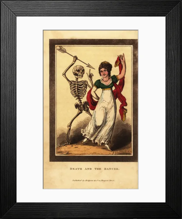 Framed Print : Skeleton of death aiming a dart at a woman dancing Framed Print : Skeleton of death aiming a dart at a woman dancing