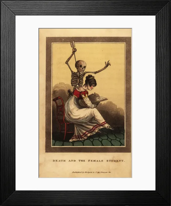 Framed Print : Skeleton of death aiming a dart at a woman studying Framed Print : Skeleton of death aiming a dart at a woman studying