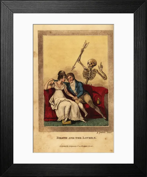 Framed Print : Skeleton of death aiming a dart at a lovers on a sofa Framed Print : Skeleton of death aiming a dart at a lovers on a sofa
