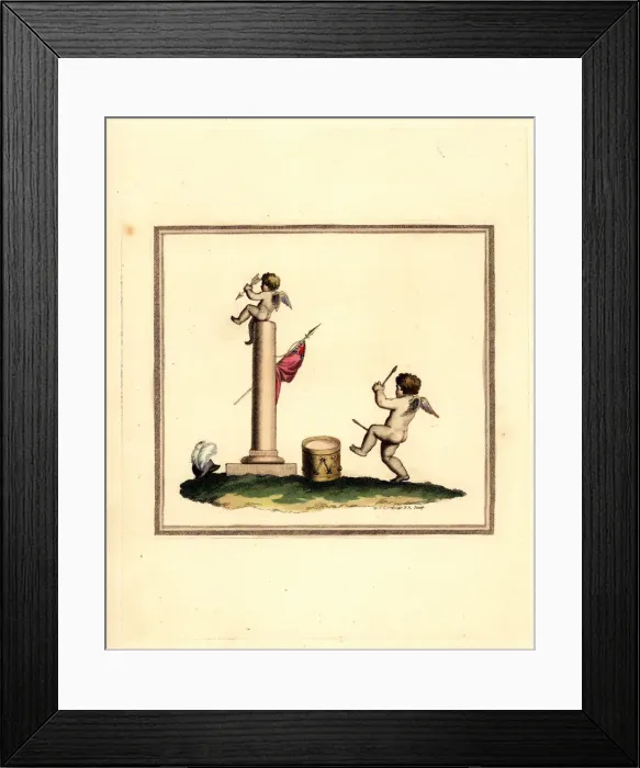 Framed Print : Cupid playing a drum with his standard on a column Framed Print : Cupid playing a drum with his standard on a column
