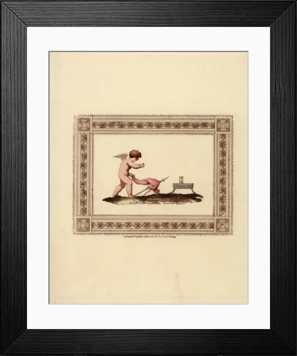 Framed Print : Cupid relinquishes his bow and arrows and deposits Framed Print : Cupid relinquishes his bow and arrows and deposits