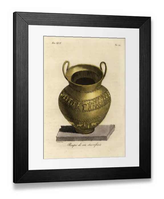 Framed Print : Etruscan sacrificial rites depicted on a gilded silver vase Framed Print : Etruscan sacrificial rites depicted on a gilded silver vase