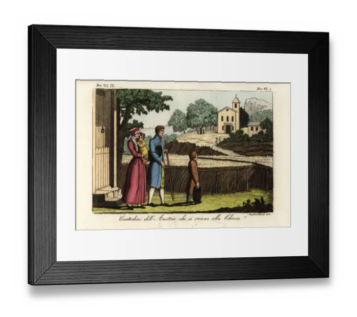 Framed Print : Austrian farmers on their way to church, 18th century Framed Print : Austrian farmers on their way to church, 18th century