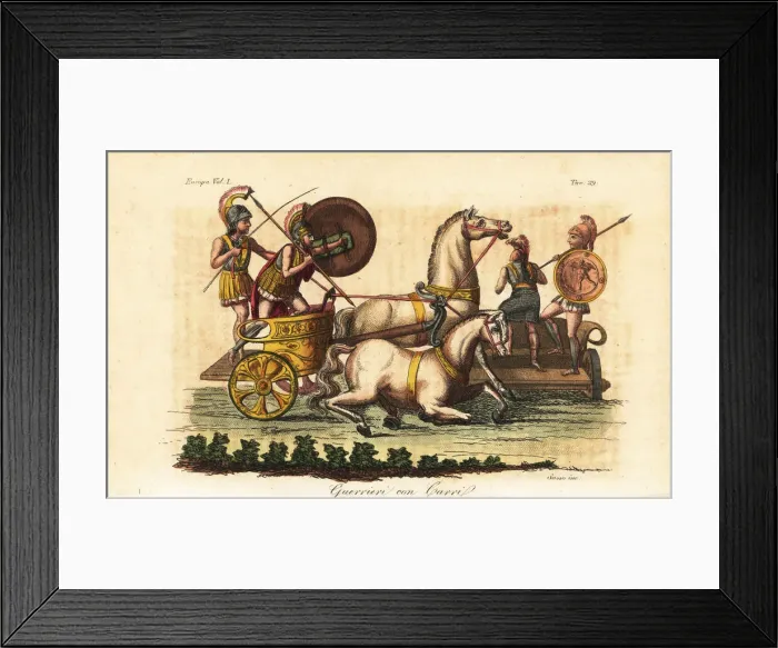 Framed Print : Ancient Greek warriors with painted shields riding a biga Framed Print : Ancient Greek warriors with painted shields riding a biga