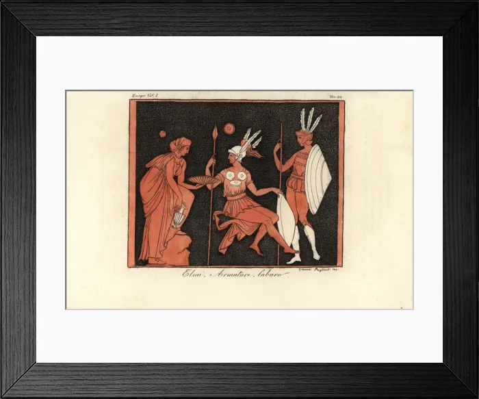 Framed Print : Greek warriors in helmets, armour, and labarum standards