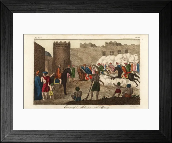 Framed Print : Yemeni cavalry performing military exercises, 1800s Framed Print : Yemeni cavalry performing military exercises, 1800s