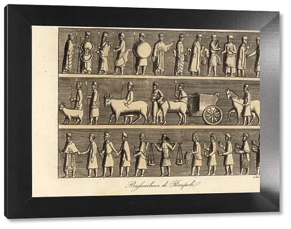 Persian soldiers with weapons, cattle, wagons, etc