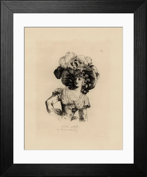 Framed Print : Woman in giant bonnet with feathers, era of Marie Antoinette Framed Print : Woman in giant bonnet with feathers, era of Marie Antoinette