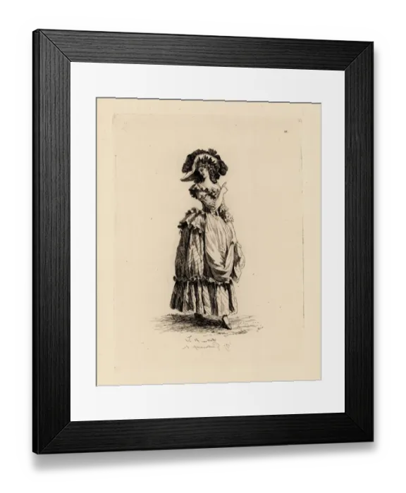 Framed Print : Woman in large hat with dress and apron, era of Marie Framed Print : Woman in large hat with dress and apron, era of Marie